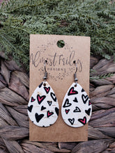 Load image into Gallery viewer, Genuine Leather Earrings - Teardrop - Hearts - Red - Black - White - Valentine's Day - Textured Leather - Heart Earrings