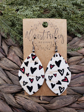 Load image into Gallery viewer, Genuine Leather Earrings - Leaf Cut - Hearts - Red - Black - White - Valentine's Day - Textured Leather - Heart Earrings