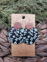 Load image into Gallery viewer, Genuine Leather Earrings - Stud Posts - Circle - Eucalyptus - Mint and Black - Wood - Statement Earrings - Textured Leather