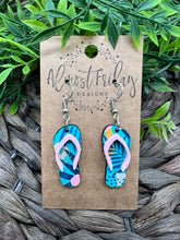 Load image into Gallery viewer, Wood Earrings - Acrylic - Flip Flops - Tropical Designs - Summer - Statement Earrings - Teal - Pink - Orange - 3D Earrings