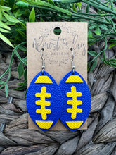 Load image into Gallery viewer, Genuine Leather Earrings - Rams - Blue - Yellow - Los Angeles - Leaf Cut - Fall Leather Genuine Leather Earrings - Football Print - Football Earrings - Statement Earrings