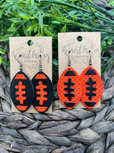 Load image into Gallery viewer, Genuine Leather Earrings - Bengals - Orange - Black - Cincinnati - Leaf Cut - Fall Leather Genuine Leather Earrings - Football Print - Football Earrings - Statement Earrings