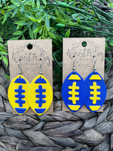 Load image into Gallery viewer, Genuine Leather Earrings - Rams - Blue - Yellow - Los Angeles - Leaf Cut - Fall Leather Genuine Leather Earrings - Football Print - Football Earrings - Statement Earrings