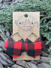 Load image into Gallery viewer, Genuine Leather Earrings - Metal - Scallop - Red - Black - Gold Earrings - Buffalo Check - Buffalo Plaid - Gold Flecks - Statement Earrings - Metal and Leather Earrings