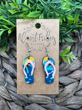 Load image into Gallery viewer, Wood Earrings - Acrylic - Flip Flops - Tropical Designs - Summer - Statement Earrings - Teal - Pink - Orange - 3D Earrings