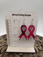 Load image into Gallery viewer, Genuine Leather Earrings - Metallic Leather - Hot Pink - Breast Cancer Ribbon - Breast Cancer Awareness Ribbon Earrings - Cancer Awareness - Pink Ribbon
