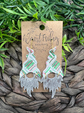 Load image into Gallery viewer, Genuine Leather Earrings - Saint Patrick's Day - Hair on Leather - Gnome Earrings - Green Earrings - Pink - White - Crosshatch - Statement Earrings