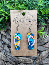 Load image into Gallery viewer, Wood Earrings - Acrylic - Flip Flops - Tropical Designs - Summer - Statement Earrings - Teal - Pink - Orange - 3D Earrings