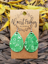 Load image into Gallery viewer, Genuine Leather Earrings - Playbook - Green - White - Teardrop - Fall Leather Genuine Leather Earrings - Football Print - Football Earrings - Statement Earrings