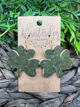 Load image into Gallery viewer, Genuine Leather Earrings - Saint Patrick's Day - Green Earrings - Three Leaf Clovers - Clovers - Gold - Shamrocks - Statement Earrings