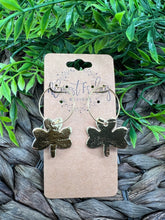 Load image into Gallery viewer, Genuine Leather Earrings - Saint Patrick's Day - Gold Earrings - Hoop Earrings - Three Leaf Clovers - Metallic Gold - Metallic Leather - Clovers - Shamrocks - Statement Earrings