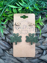 Load image into Gallery viewer, Genuine Leather Earrings - Saint Patrick's Day - Green Earrings - Gold - Green - Hoop Earrings - Three Leaf Clovers - Clovers - Shamrocks - Statement Earrings