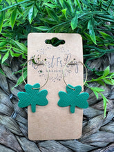 Load image into Gallery viewer, Genuine Leather Earrings - Saint Patrick's Day - Green Earrings - Hoop Earrings - Three Leaf Clovers - Textured Leather - Clovers - Shamrocks - Statement Earrings