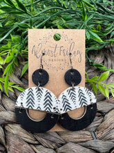 Load image into Gallery viewer, Genuine Leather - Half Circle - Circle Earrings - Herringbone - Black and White - Statement Earrings