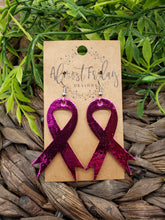 Load image into Gallery viewer, Genuine Leather Earrings - Metallic Leather - Hot Pink - Breast Cancer Ribbon - Breast Cancer Awareness Ribbon Earrings - Cancer Awareness - Pink Ribbon