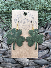 Load image into Gallery viewer, Genuine Leather Earrings - Saint Patrick's Day - Green Earrings - Three Leaf Clovers - Clovers - Gold - Shamrocks - Statement Earrings