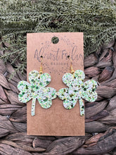 Load image into Gallery viewer, Genuine Leather Earrings - Shamrocks - Green - White - Gold - Three Leaf Clover - St. Patrick's Day - Glitter Earrings - Statement Earrings
