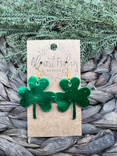 Load image into Gallery viewer, Genuine Leather Earrings - Saint Patrick's Day - Green Earrings - Three Leaf Clovers - Metallic Green - Metallic Leather - Clovers - Shamrocks - Statement Earrings