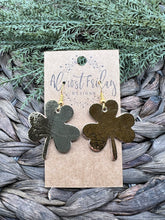 Load image into Gallery viewer, Genuine Leather Earrings - Saint Patrick's Day - Gold Earrings - Three Leaf Clovers - Metallic Gold - Metallic Leather - Clovers - Shamrocks - Statement Earrings