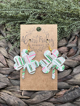 Load image into Gallery viewer, Genuine Leather Earrings - Saint Patrick's Day - Green Earrings - Three Leaf Clovers - Pink - Clovers - Shamrocks - Statement Earrings