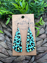 Load image into Gallery viewer, Genuine Leather Earrings - Triangle - Yellow - Neon - Teal and Black Earrings - Leopard Design - Statement Earrings - Animal Print - Colorful