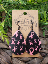 Load image into Gallery viewer, Genuine Leather Earrings - Teardrop - Breast Cancer Ribbon - Breast Cancer Awareness Ribbon Earrings - Cancer Awareness - Pink Ribbon - Statement Earrings - Black - Pink