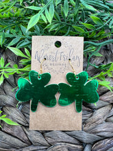 Load image into Gallery viewer, Genuine Leather Earrings - Saint Patrick's Day - Green Earrings - Three Leaf Clovers - Metallic Green - Metallic Leather - Clovers - Shamrocks - Statement Earrings