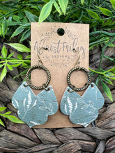 Load image into Gallery viewer, Genuine Leather Earrings - Metal - Circle - Scallop - Sage and White Earrings - Floral Design - Flowers - Statement Earrings - Metal and Leather Earrings