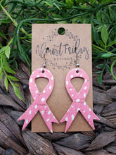 Load image into Gallery viewer, Genuine Leather Earrings - Spotted Leather - Dalmatian Print - Pink - Breast Cancer Ribbon - Breast Cancer Awareness Ribbon Earrings - Cancer Awareness - Pink Ribbon