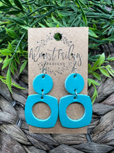Load image into Gallery viewer, Genuine Leather Earrings - Teal - Rounded Square - Cut Out - Turquoise - Statement Earrings - Neutral