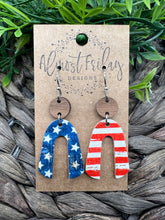 Load image into Gallery viewer, Genuine Leather Earrings - Arches - Wood - Red - Blue - Patriotic Earrings - American Flag - Stars and Stripes - 4th of July - Leaf Cut - Independence Day - USA - Olympics - Memorial Day