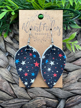 Load image into Gallery viewer, Genuine Leather Earrings - Pinched Leaf - Red - Blue - Patriotic Earrings - White - Stars and Stripes - 4th of July - Independence Day - USA - Olympics - Memorial Day