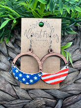 Load image into Gallery viewer, Genuine Leather Earrings - Arches - Crescent - Wood - Red - Blue - Patriotic Earrings - American Flag - Stars and Stripes - 4th of July - Leaf Cut - Independence Day - USA - Olympics - Memorial Day