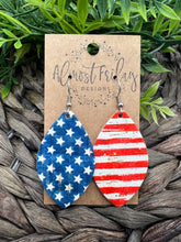 Load image into Gallery viewer, Genuine Leather Earrings - Red - Blue - Patriotic Earrings - American Flag - Stars and Stripes - 4th of July - Leaf Cut - Independence Day - USA - Olympics