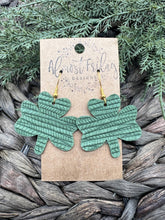 Load image into Gallery viewer, Genuine Leather Earrings - Saint Patrick's Day - Green Earrings - Three Leaf Clovers - Textured Leather - Clovers - Shamrocks - Statement Earrings