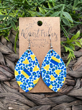 Load image into Gallery viewer, Genuine Leather Earrings - Leaf Cut - Ukrainian Flag - Leopard Earrings - Heart - Animal Print - Ukraine - Fundraiser - Floral - Flower - Blue - Yellow