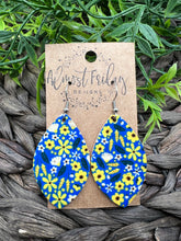 Load image into Gallery viewer, Genuine Leather Earrings - Leaf Cut - Sunflower Earrings - Ukraine - Fundraiser - Floral - Flower - Blue - Yellow