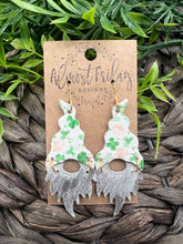 Load image into Gallery viewer, Genuine Leather Earrings - Saint Patrick's Day - Gnome Earrings - Hair on Leather - Green Earrings - Pink - White - Crosshatch - Statement Earrings