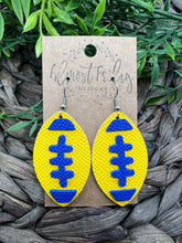Load image into Gallery viewer, Genuine Leather Earrings - Rams - Blue - Yellow - Los Angeles - Leaf Cut - Fall Leather Genuine Leather Earrings - Football Print - Football Earrings - Statement Earrings