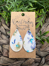 Load image into Gallery viewer, Genuine Leather Earrings - White - Purple - Blue - Tan - Summer Flowers - Floral Earrings - Flowers - Colorful - Summer Earrings - Teardrop - Statement Earrings