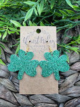 Load image into Gallery viewer, Genuine Leather Earrings - Shamrocks - Green - Three Leaf Clover - St. Patrick's Day - Glitter Earrings - Statement Earrings