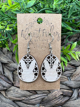 Load image into Gallery viewer, Wood Earrings - Bunny - Rattan - Rattan Egg - White - Easter - Spring - Bunny Earrings - Rabbit - Easter Bunny - Sweater Design