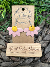 Load image into Gallery viewer, Genuine Leather Earrings - Embossed Daisy - Daisies - Floral - Yellow - Blush - Flowers - Summer Earrings - Statement Earrings - Spring - Horizontal - Cork Leather