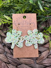 Load image into Gallery viewer, Genuine Leather Earrings - Shamrocks - Green - White - Gold - Three Leaf Clover - St. Patrick's Day - Glitter Earrings - Statement Earrings