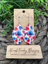 Load image into Gallery viewer, Genuine Leather Earrings - Red - Blue - White - Patriotic Earrings - Flowers - Floral Design - 4th of July - Leaf Cut - Independence Day - USA - Olympics