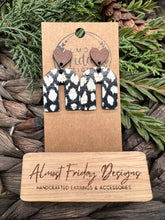 Load image into Gallery viewer, Genuine Leather Earrings - Rainbow - Inverted U - Arch Earring - Black and White - Spotted Earrings - Statement Earrings - Heart - Heart Connectors - Wood and Genuine Leather - Stud Posts