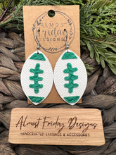 Load image into Gallery viewer, Genuine Leather Earrings - Eagles - Green - White - Leaf Cut - Fall Leather Genuine Leather Earrings - Football Print - Football Earrings - Statement Earrings