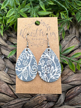 Load image into Gallery viewer, Genuine Leather Earrings - Blue - White - Teardrop - Lace - Flowers - Floral - Statement Earrings - Neutral