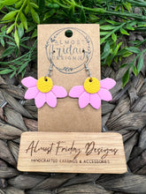 Load image into Gallery viewer, Genuine Leather Earrings - Embossed Daisy - Daisies - Floral - Yellow - Pink - Flowers - Summer Earrings - Statement Earrings - Spring - Horizontal