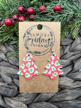 Load image into Gallery viewer, Genuine Leather Earrings - Christmas Tree - Leopard Print - Green - Red - White - Leopard Earrings - Animal Earrings - Christmas Leopard - Christmas Earrings - Statement Earrings